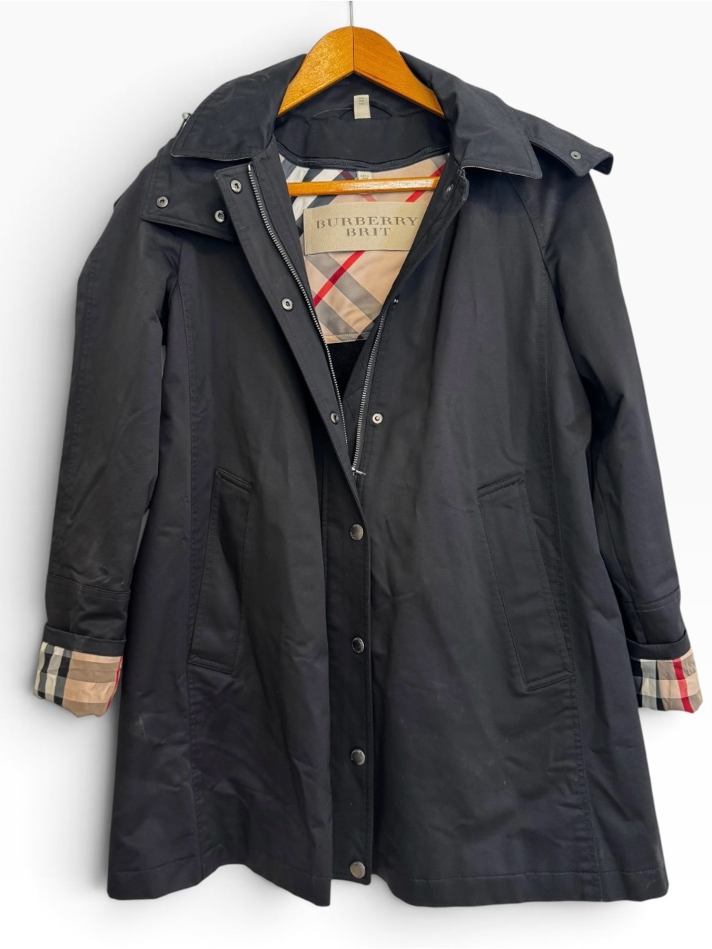Authentic Burberry Brit Black Trench Coat with Signature Check Lining